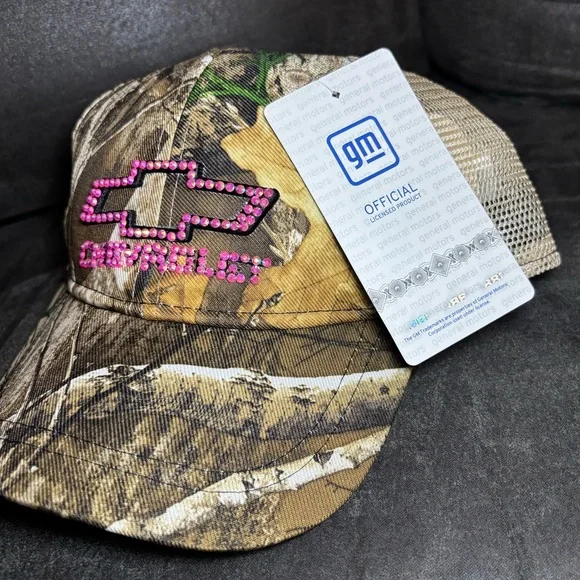 Chevy Bling Camo Cap Hot Pink Iridescent Rhinestones Size OSFM New!